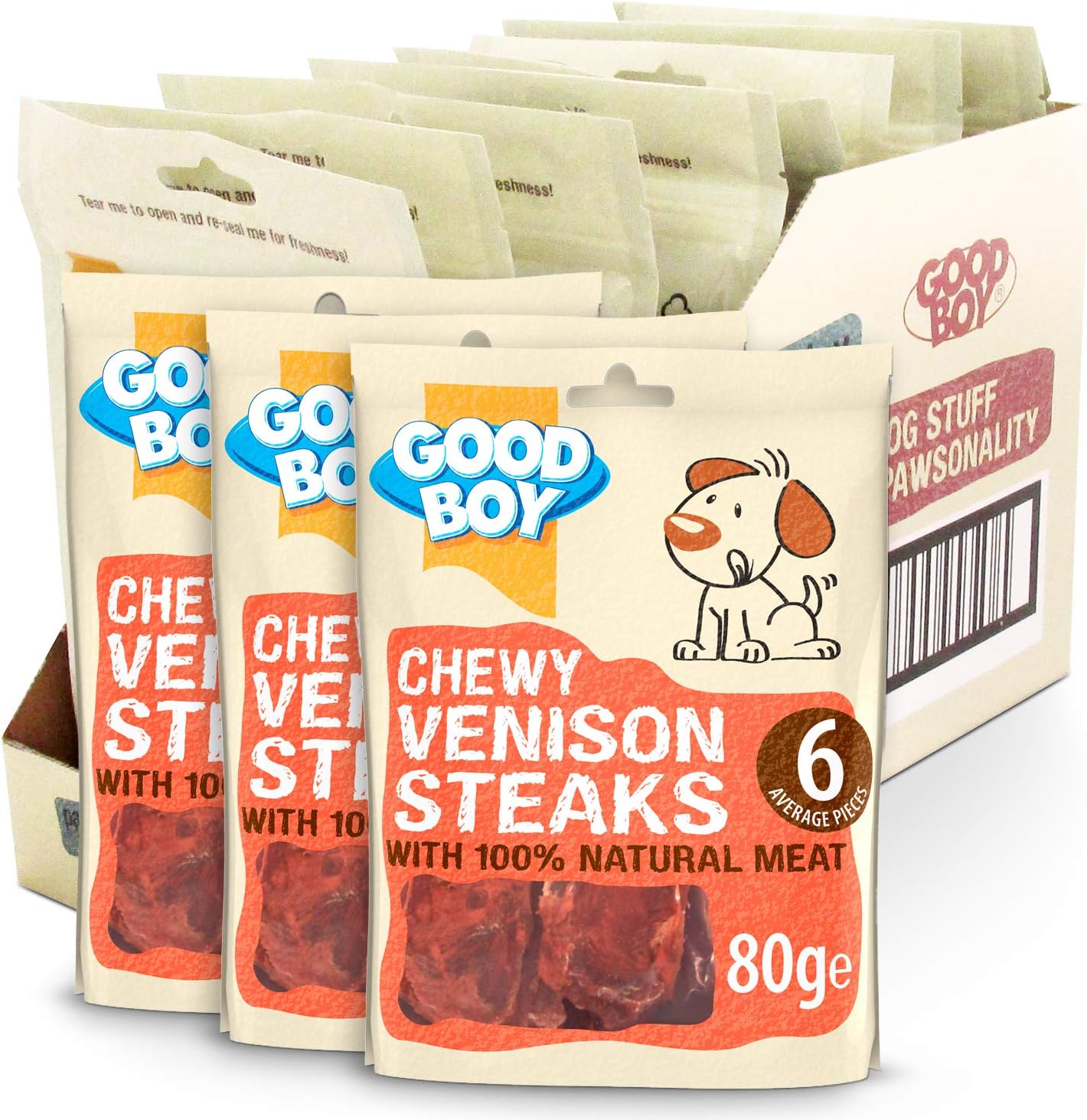 Good Boy - Chewy Venison Steaks - Dog Treats - Made with Natural Venison - Gluten Free Dog Treats - 80 g (Pack of 12)