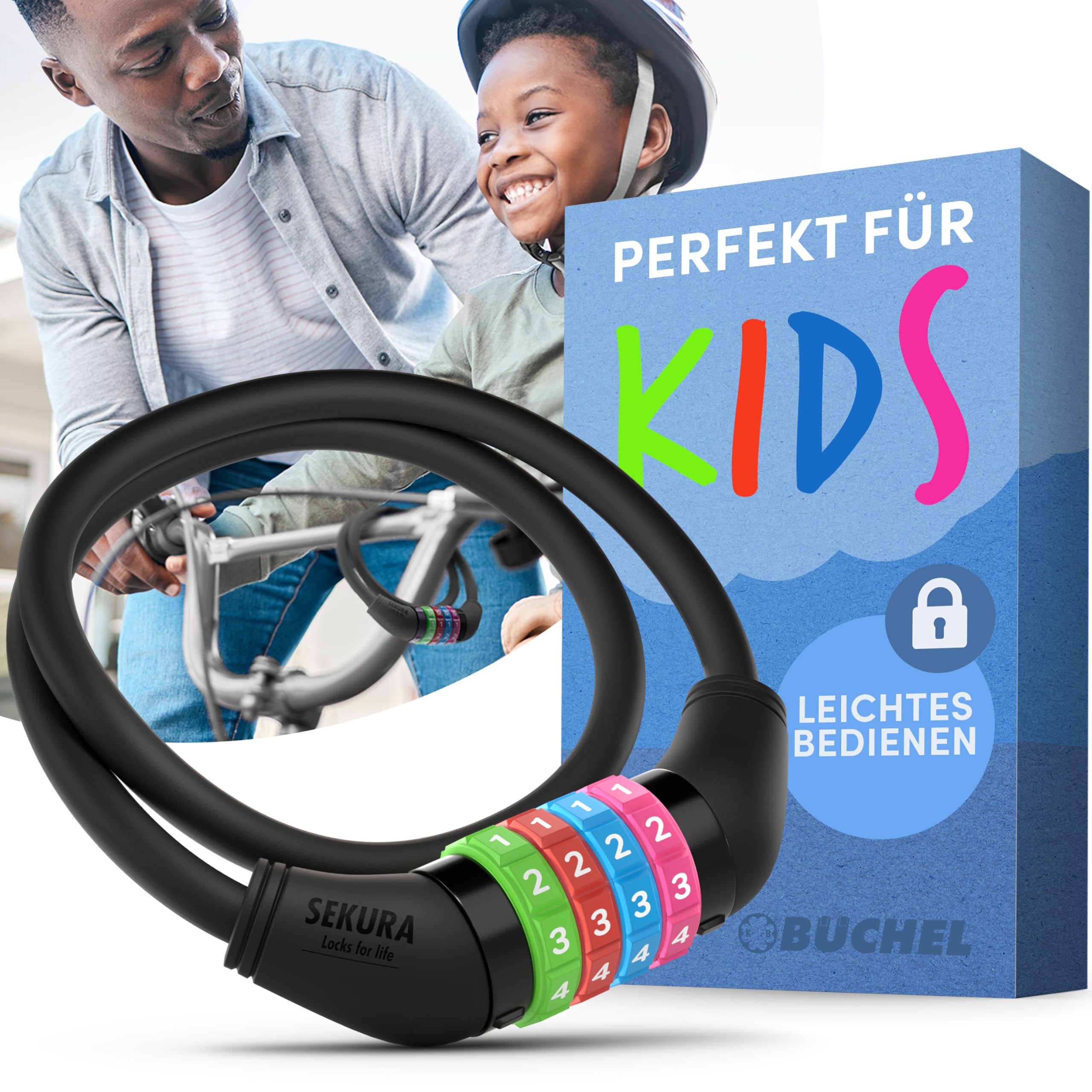 Photo 1 of Büchel Bike Locks Cable for Kids - Colorful & Keyless - Secure Your Child's Bike - Easy-to-Use Bicycle Accessory, High Security 5 Digit Resettable Combination Coiling Bicycle Lock, Anti Theft