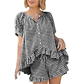 Kissonic Women Gingham 2 Piece Pajama Sets Cotton Pj Short Sleeve Rluffle Babydoll Shirt Shorts Summer Outfits