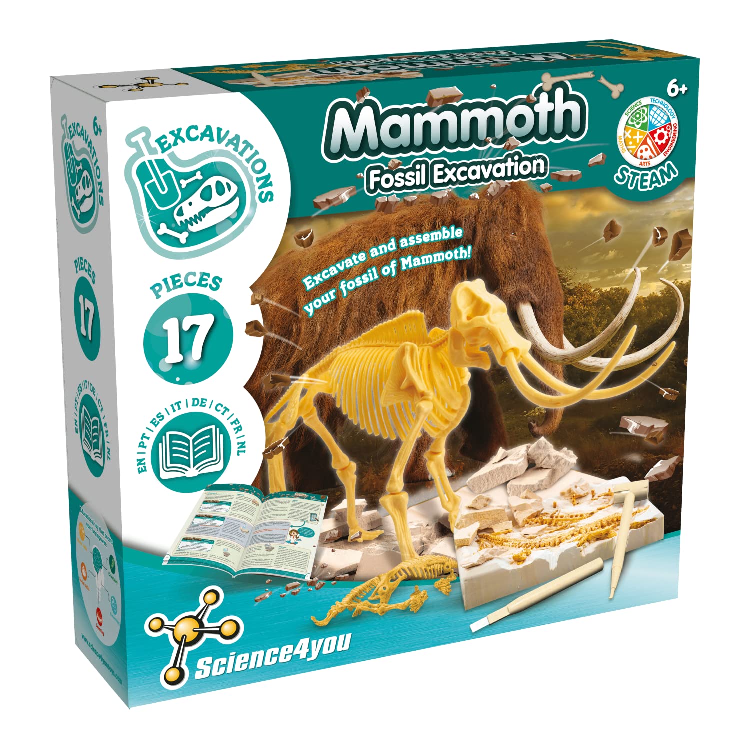 Science4you Mammoth Fossil Hunting Kit for Kids - Dig & assemble the 17 pieces Mammoth Fossil - Ideal Dinosaur Fossils Excavation Kit Toy for fans of Jurassic, Archeology and Paleontology Sets for Kid