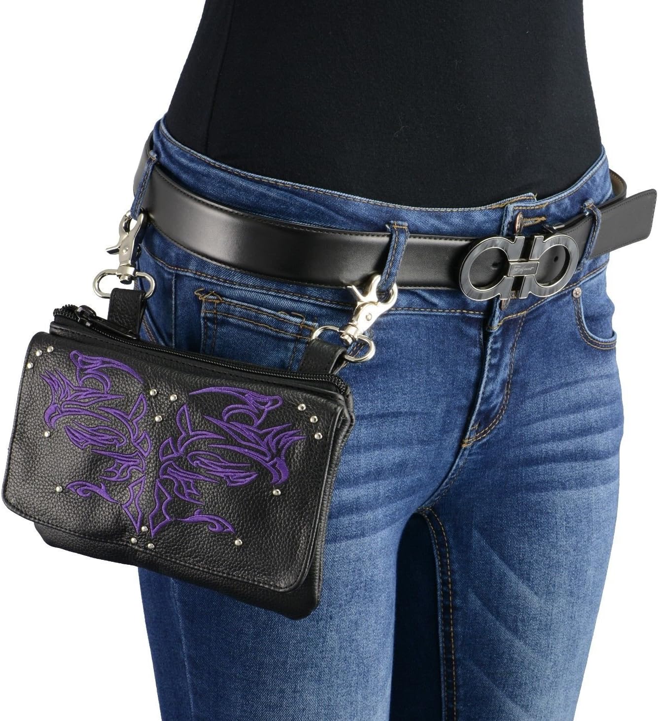 Bikersgearonline LADIES LEATHER MULTI POCKET BELT BAG, LOOP BAG, SHOULDER BAG W/GUN HOLSTER NEW
