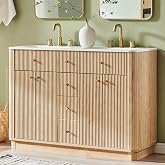 T4TREAM 48" Fluted Bathroom Vanity with Double Sink, Natural Oak | Integrated Resin Sink, 2 Large Storage Cabinets, Adjustable Shelf, 2 Drawers, Three pre-drilled faucet holes, Mid-Century