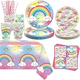 Obussgar Rainbow Party Decoration - Rainbow Birthday Party Tableware Supplies Includes Plates, Cups, Napkins, Tablecloth, Straws (20)