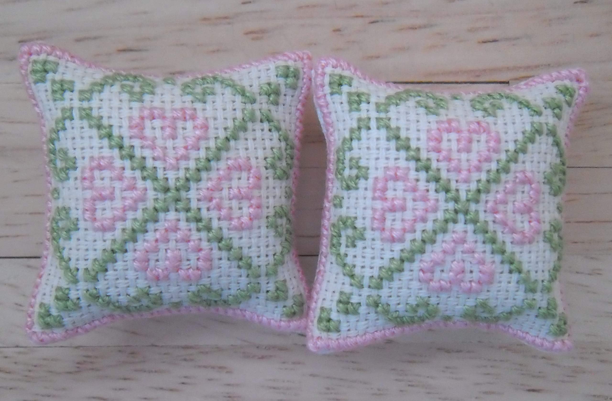 1/12th scale Dolls House Cross Stitched Hearts Design Cushions: Pink & Green