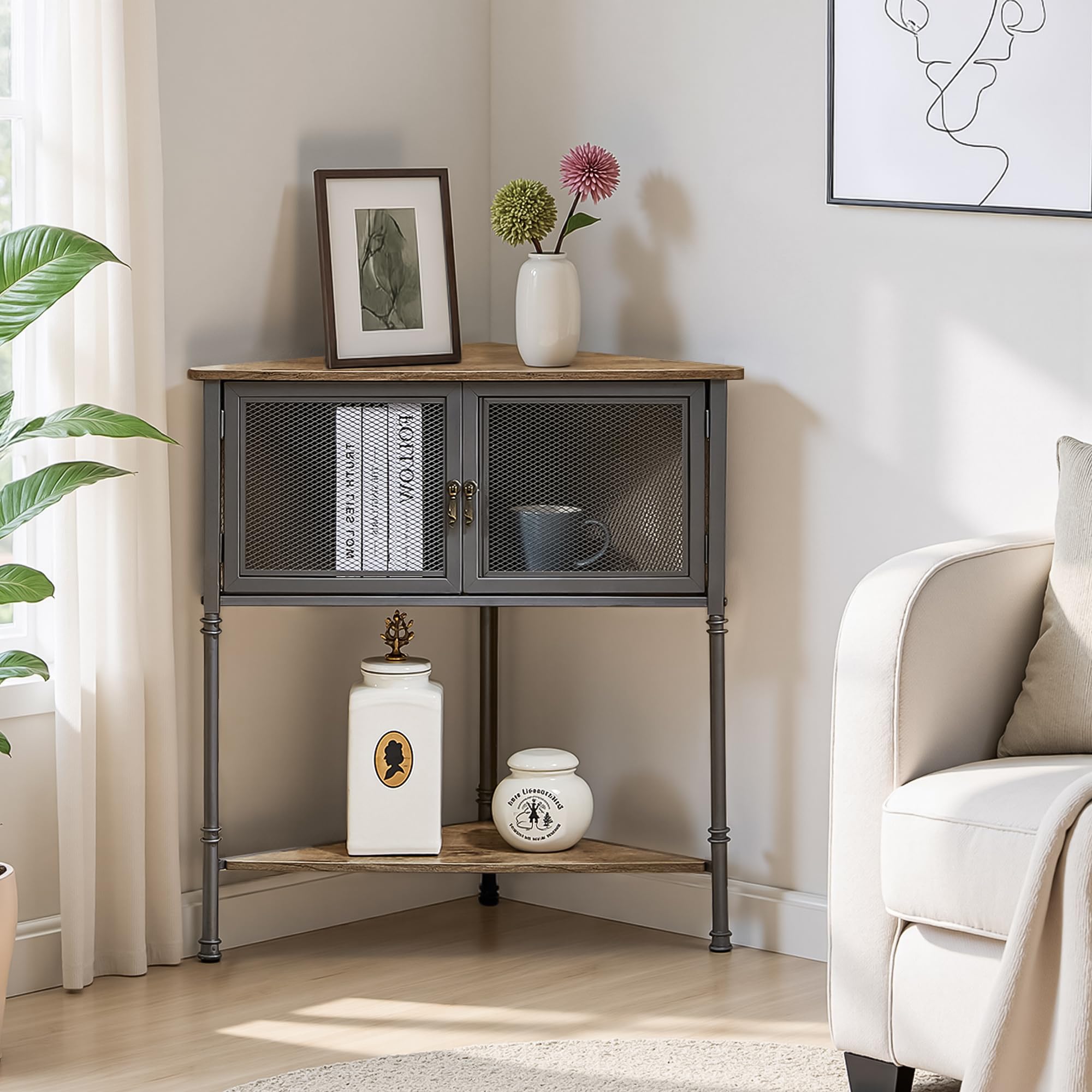 Photo 1 of ***MISSING HARDWARE*** VECELO 3 Tier Corner Shelf,Corner Table with Mesh Door and Open-Shelf,Corner Cabinet Stand,Metal Frame Organizer Display Storage Shelves for Bedroom,Living Room,Kitchen,Bathroom