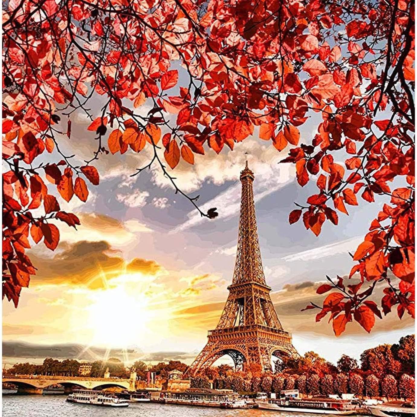 DIY 5D Diamond Painting by Number Kits, Diymood Painting Autumn Sunset Paris Tower Paint with Diamonds Arts Full Drill Canvas Picture for Home Wall Decor 40x40cm(16x16inch)