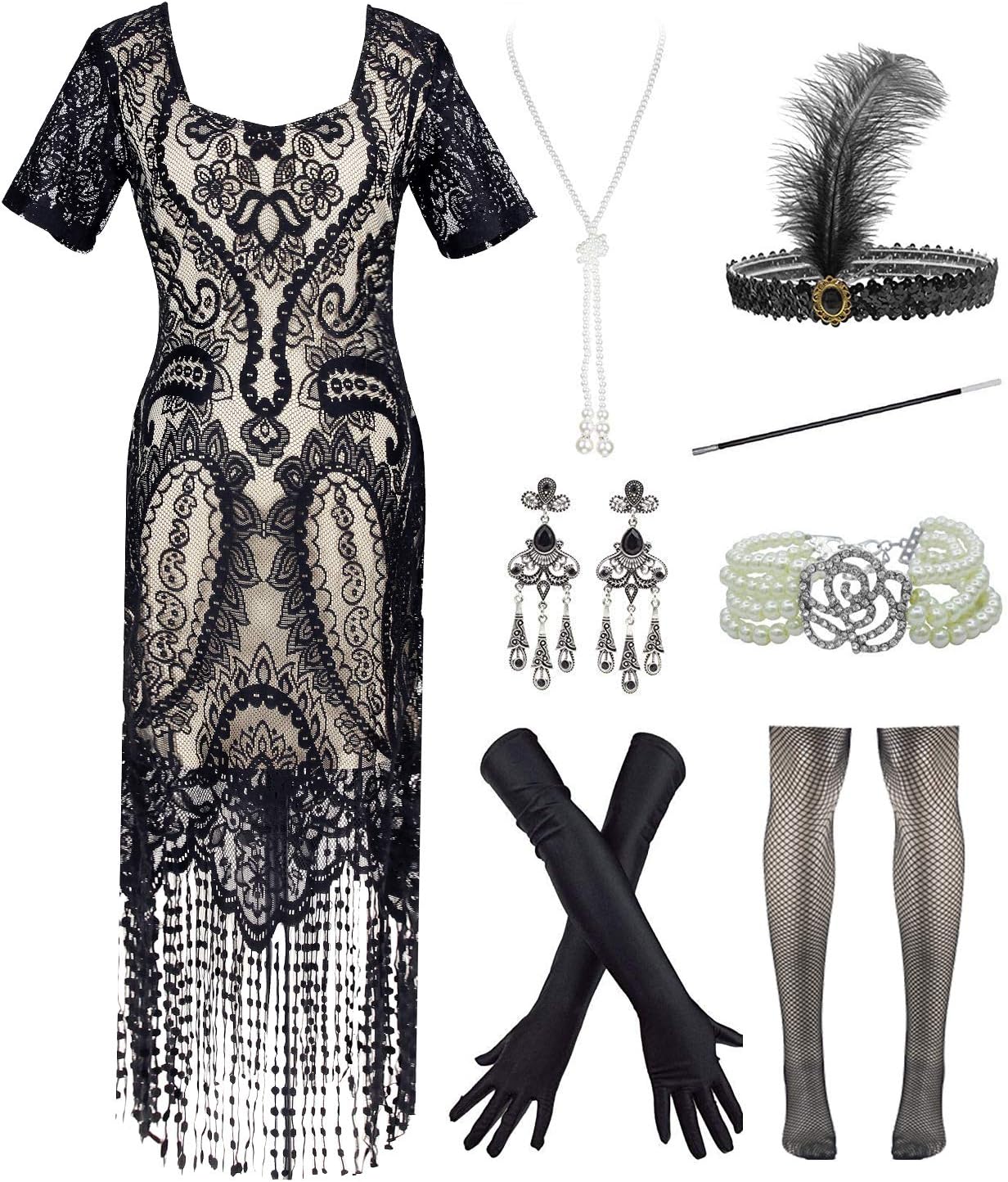 Womens Vintage Lace Fringed Gatsby 1920s Cocktail Dress with 20s Accessories Set