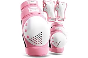 SKATEWIZ Kids Knee Pads and Elbow Pads Set - Wrist Guards for Skateboarding - Smash - Size M/L Pink White - Skating Protectiv