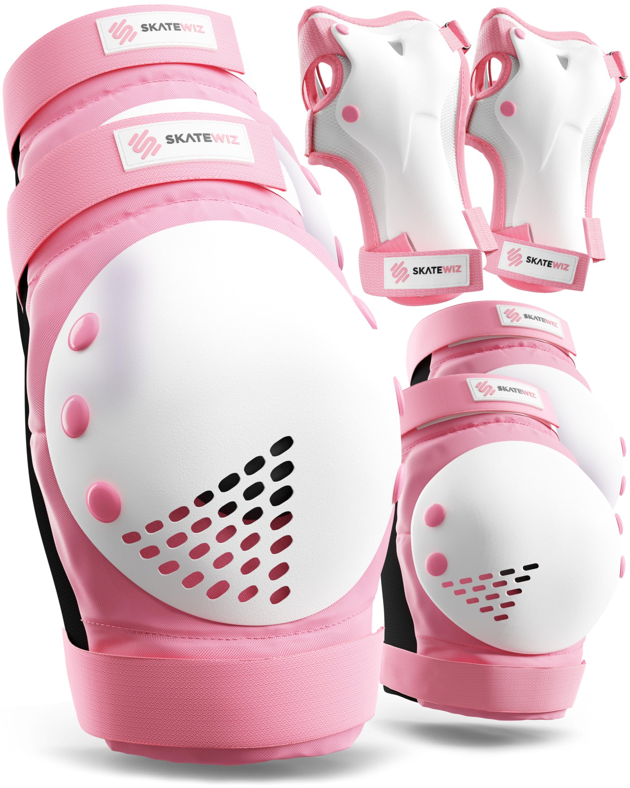 SKATEWIZ Skate Pads - Knee and Elbow Pads Adult - SMASH - Size L Pink White - Wrist Guards Skating - Skateboard, Roller Skate & Scooter