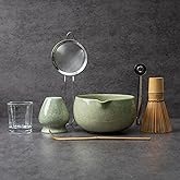 YIBO Matcha Whisk Set With Bowl, Ceramic Matcha Making Kit Includes Bamboo Whisk (Chasen), Holder Stand, Powder Starter Sifter, Scoop, Measuring Spoon & Cup Tea Tools For Ceremony (Mottled Green)