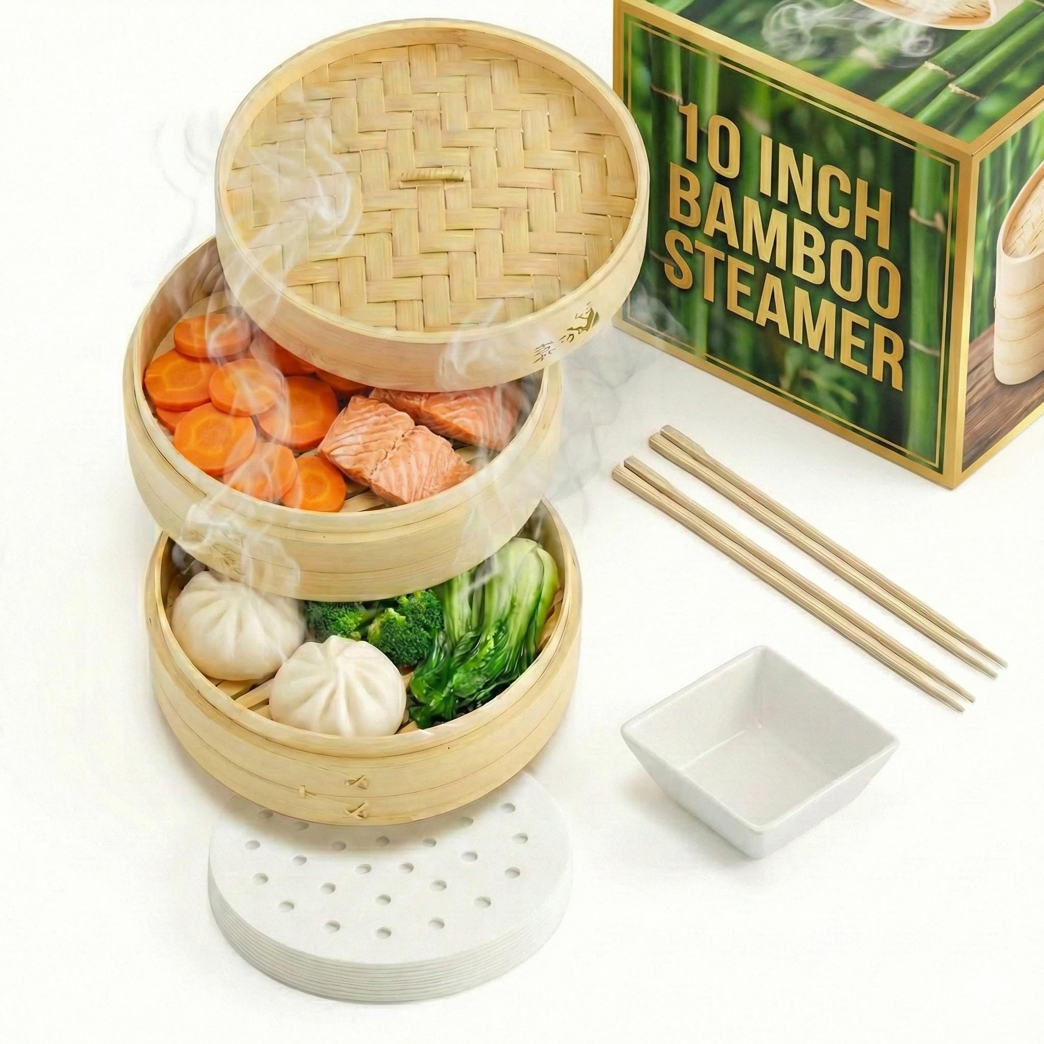Photo 1 of Prime Home Direct Bamboo Steamer Basket 10-Inch | 2-Tier Steamer for Cooking | 50 Liners, Chopsticks, Sauce Dish | Steaming Asian Food, Bao Buns, Chinese, Dim Sum, Dumpling, Rice, Vegetable Steam Pot