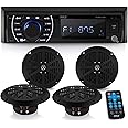 Pyle Marine Head Unit Receiver Speaker Kit - In-Dash LCD Digital Stereo Built-in Bluetooth & Microphone w/ AM FM Radio System 6.5’’ Waterproof Speakers (4) MP3/SD Readers & Remote Control -PLMRKT48BK