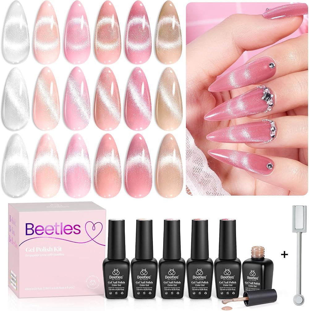 Beetles Gel Polish Jelly Cat Eye Glitter Pink Nude Beige Set with Magnet