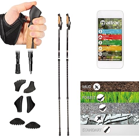 ATTRAC Nordic Walking Stöcke Classic Teleskop verstellbar & super leicht inkl. Workout und Sport App Wanderstöcke mit Anti-Sh