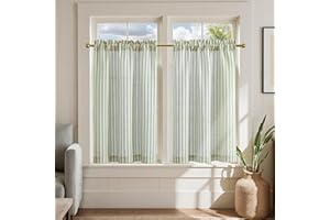jinchan Linen Kitchen Curtains 36 Inch Length Striped Tier Curtains Ticking Stripe Small Drapes for Living Room Bathroom Cafe Small Window Farmhouse Rustic Pinstripe Rod Pocket 2 Panels Sage Green