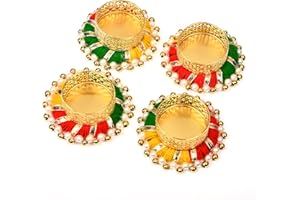 ADITRI CREATION Set of 4 Jute Ring with Moti Beads T Light Holder Candle Stand Tealight T-Light Holders Lightning Festival of Lights Diwali Decoration Accessory Wedding Home Decor(Without Wax)(Size:-2.5")(Colorful)