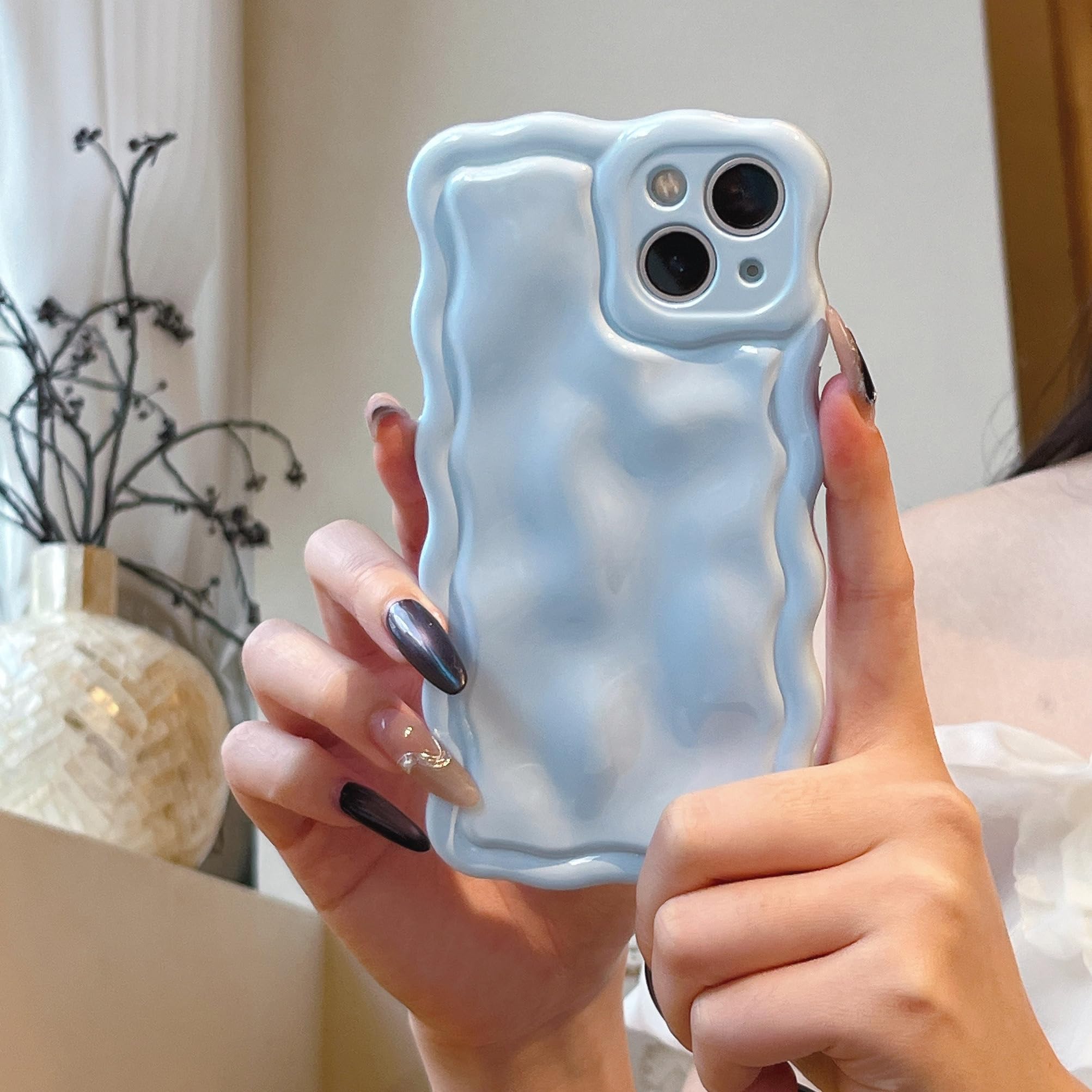FABSPARK Case for iPhone 15 Pro Max,Cute 3D Solid Color Meteorite Bubble Water Ripple Curly Wavy Frame Case,Soft TPU Shockproof for iPhone 15 Pro Max 6.7 Inch,Sky Blue