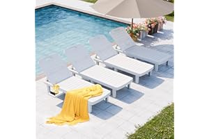 SELLERWE Outdoor Chaise Lounge Set of 4, Waterproof Resin Lounge Chairs for Outside w/Adjustable 5 Positions All Weather Recliner Chair for Patio, Poolside, Beach, Yard, White
