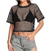 Women's Mesh Top Fishnet T Shirts Sheer Loose Short Sleeve See Through Crop Tops