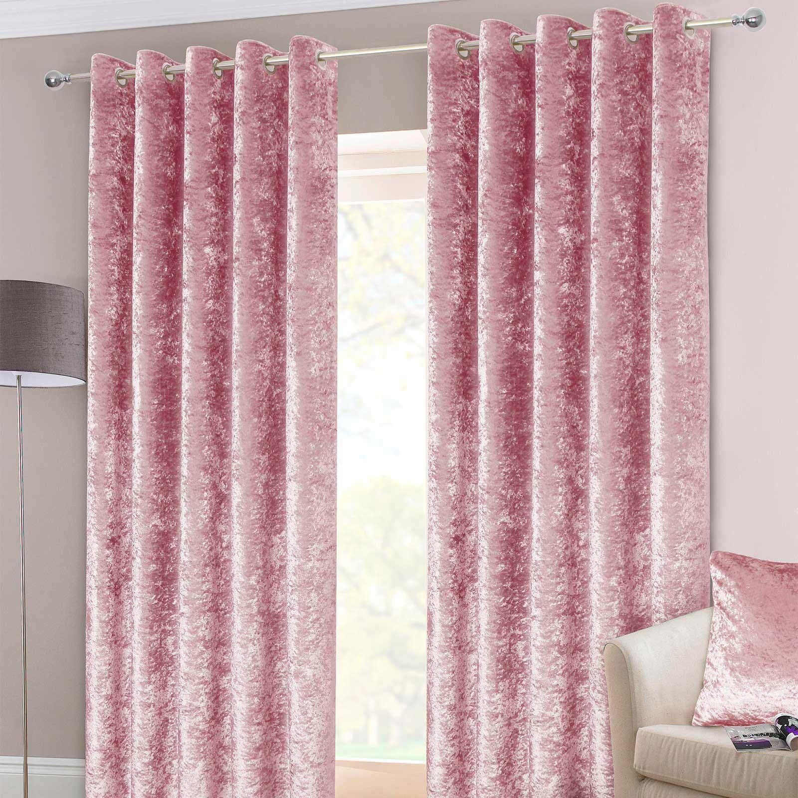HOMESCAPES Pink Crushed Velvet Lined Curtain Pair 66 x 54” (168 x 137 cm) Heavy Weight Contemporary Neutral Eyelet Curtains