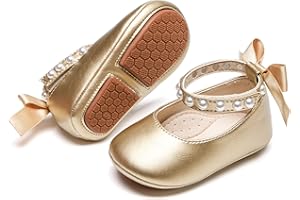 PHIRAMIN Baby Girls Mary Jane Flats - Infant Newborn Walking Shoes Soft Rubber Sole Princess Wedding