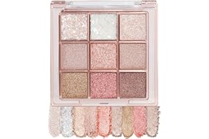 9 Color Eyeshadow Palette,Glitter Shimmer Pink Golden Brown Eye Shadow Palette,High Pigmented Nude Smooth Long Lasting Waterp