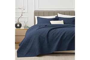 EXQ Home Quilt Set Full Queen Size Navy 3 Piece,Lightweight Soft Coverlet Modern Style Squares Pattern Bedspread Set(1 Quilt,2 Pillow Shams)