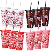 Ovveroche 12 Pcs Valentine's Day 24 oz Plastic Cups with Lids and Straws, Reusable Cups Travel Mug Bulk for Valentine's Day Birthday Wedding Anniversary Party Favors