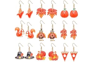NVENF 9 Pairs Thanksgiving Fall Earrings Harvest Pumpkin Maple Leaf Stud Earrings for Women Cute Squirrel Turkey Dangle Earrings Thanksgiving Autumn Party Jewelry Gifts