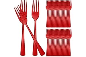 Minatee 50 Pcs Plastic Forks Disposable Cutlery Heavy Duty Dinnerware Plastic Silverware Flatware for Parties Supplies Dessert Picnics Holiday House(Red)