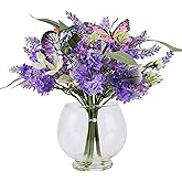 Jusdreen Artificial Lavender Bouquet with Vase, Purple Artificial Flowers for Table Centerpiece, Faux Purple Flowers Decoration for Home Party Wedding