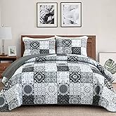 Dobuyly Grey Black Quilt Set Queen Size, Boho Plaid Patchwork Bedspreads Coverlet Set, 3 Pieces Soft Lightweight Microfiber Farmhouse Quilt Bedding Set for All Seasons 96"x90"