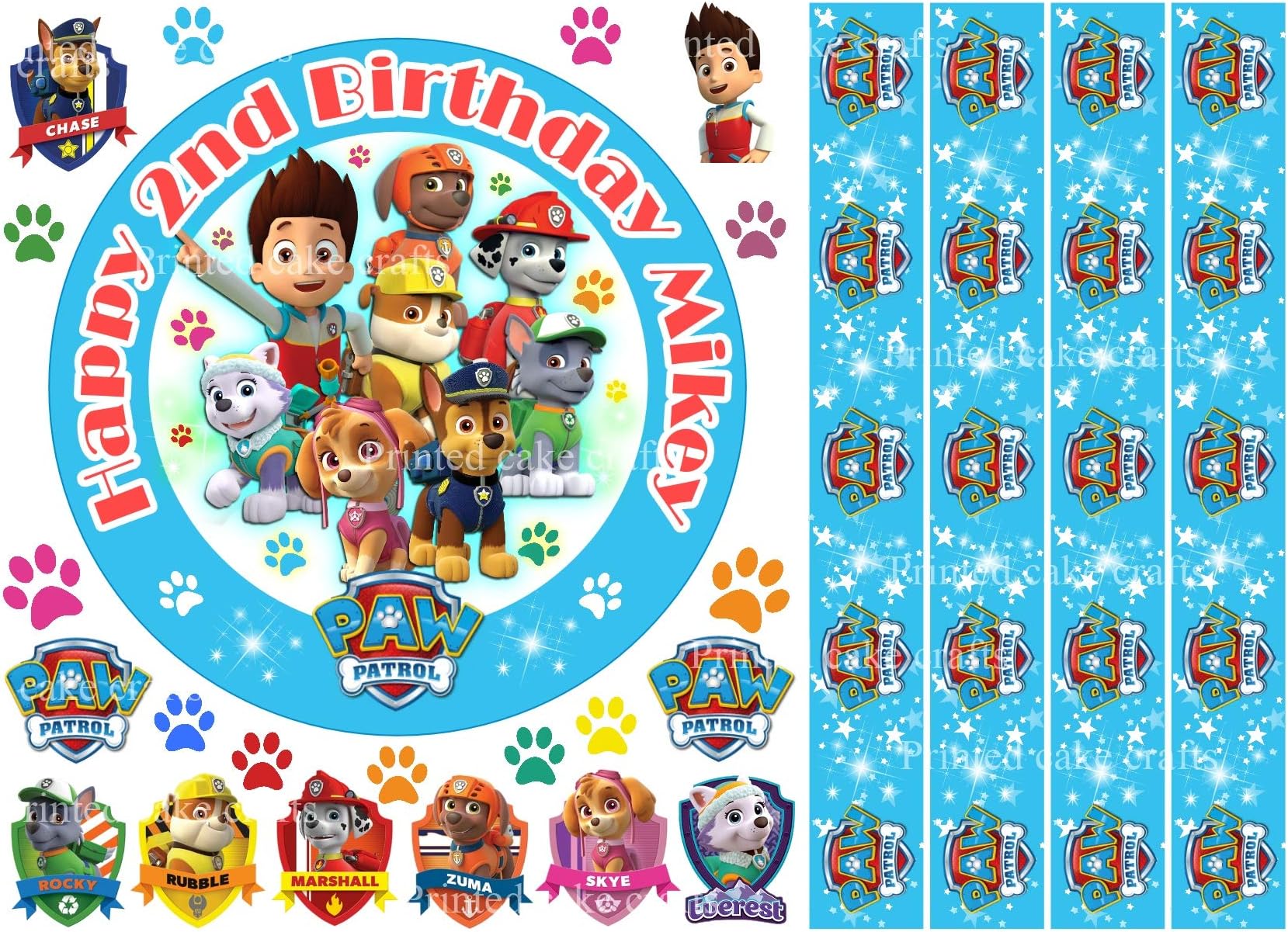 Edible PAW Patrol 6" Icing Boys Girls Personalised Cake Topper with Edible Ribbon