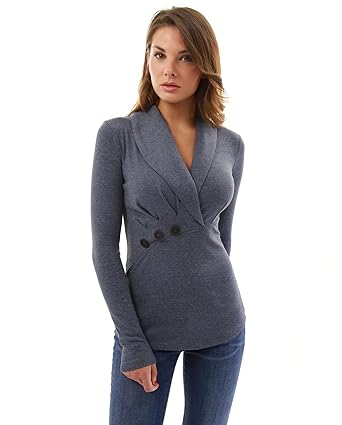 PattyBoutik Damen Schalkragen Bluse mit Wickeloptik und Langen Ärmeln