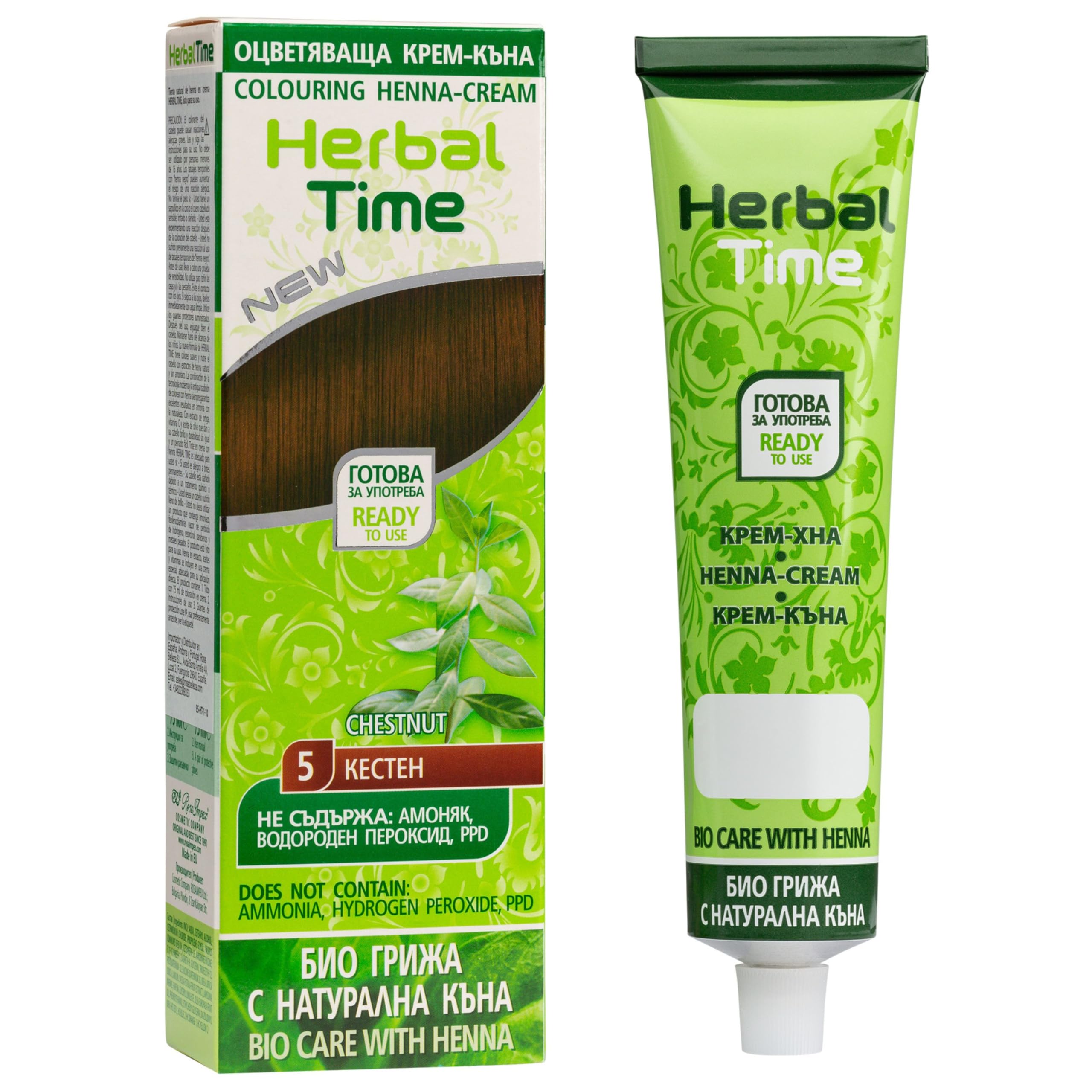 Herbal Time Henna Natural Color Chestnut Nº 5 | Coloring Cream With Nettle Extract | Gray Hair Cover | Temporary Dye | Ammonia, Sulfates, Parabens Free | 75 ml