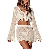 CUPSHE Women Crochet Swimsuit Cover Up Set Long Sleeve 2 Piece Summer Bathing Suit Beach Outfit