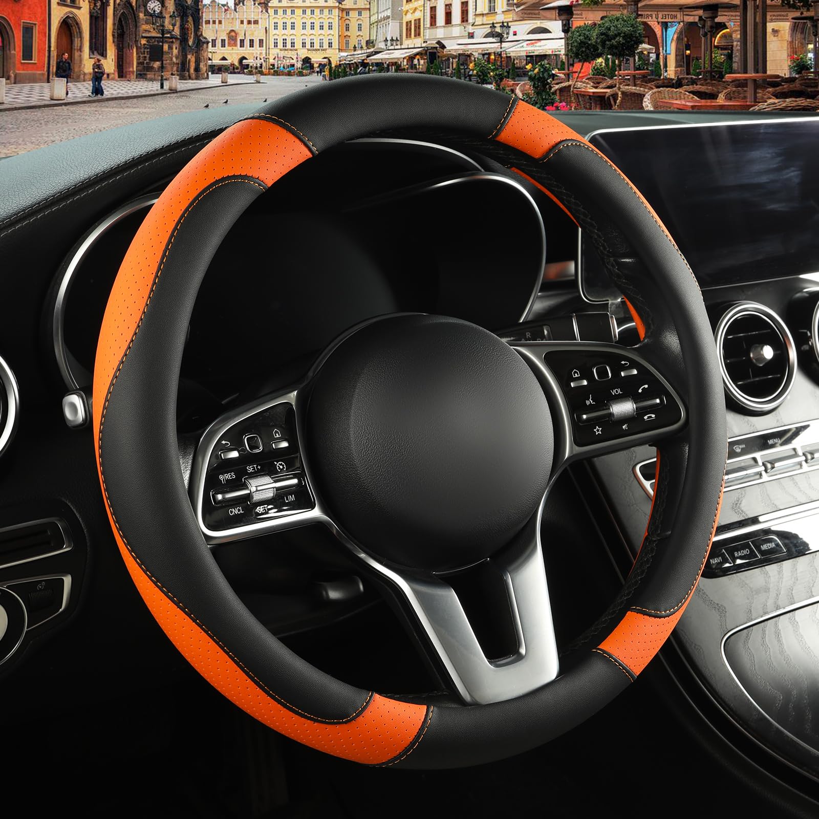 Photo 1 of Binsheo Leather Steering Wheel Cover, Breathable, Anti Slip & Odor Free, Black and Orange