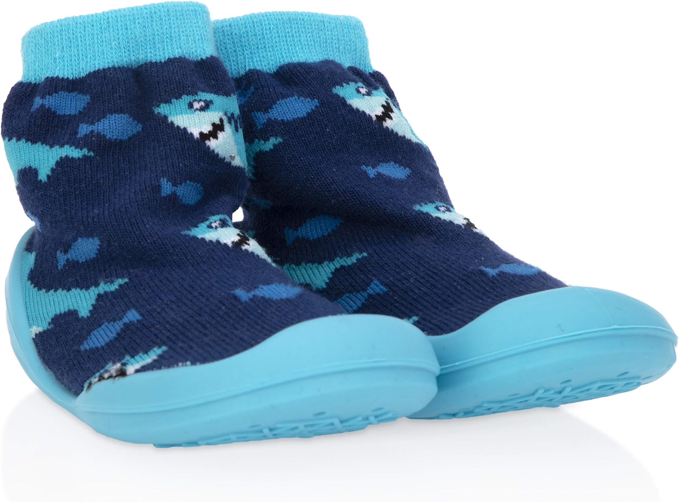 Nuby Snekz Comfortable Rubber Sole Sock Shoes for First Steps- Blue Sharks/Medium 14-22 Months
