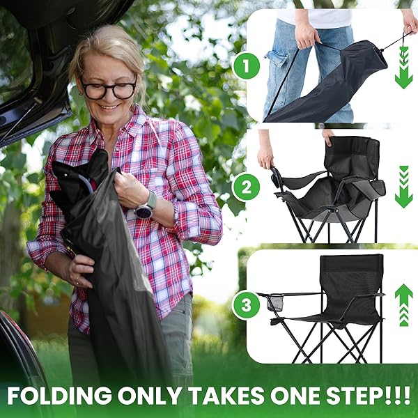 CANPSKY 2 PACK PORTABLE CAMPING CHAIRS FOLDING LAWN CHAIR OUTDOOR LIGHTWEIGHT BEACH CHAIR WITH CUP HOLDER & CARRY BAG FOR OUTSIDE SPORTS, FISHING, HIKING, TRAVEL, PICNIC, BACKYARD (BLACK-DARK)