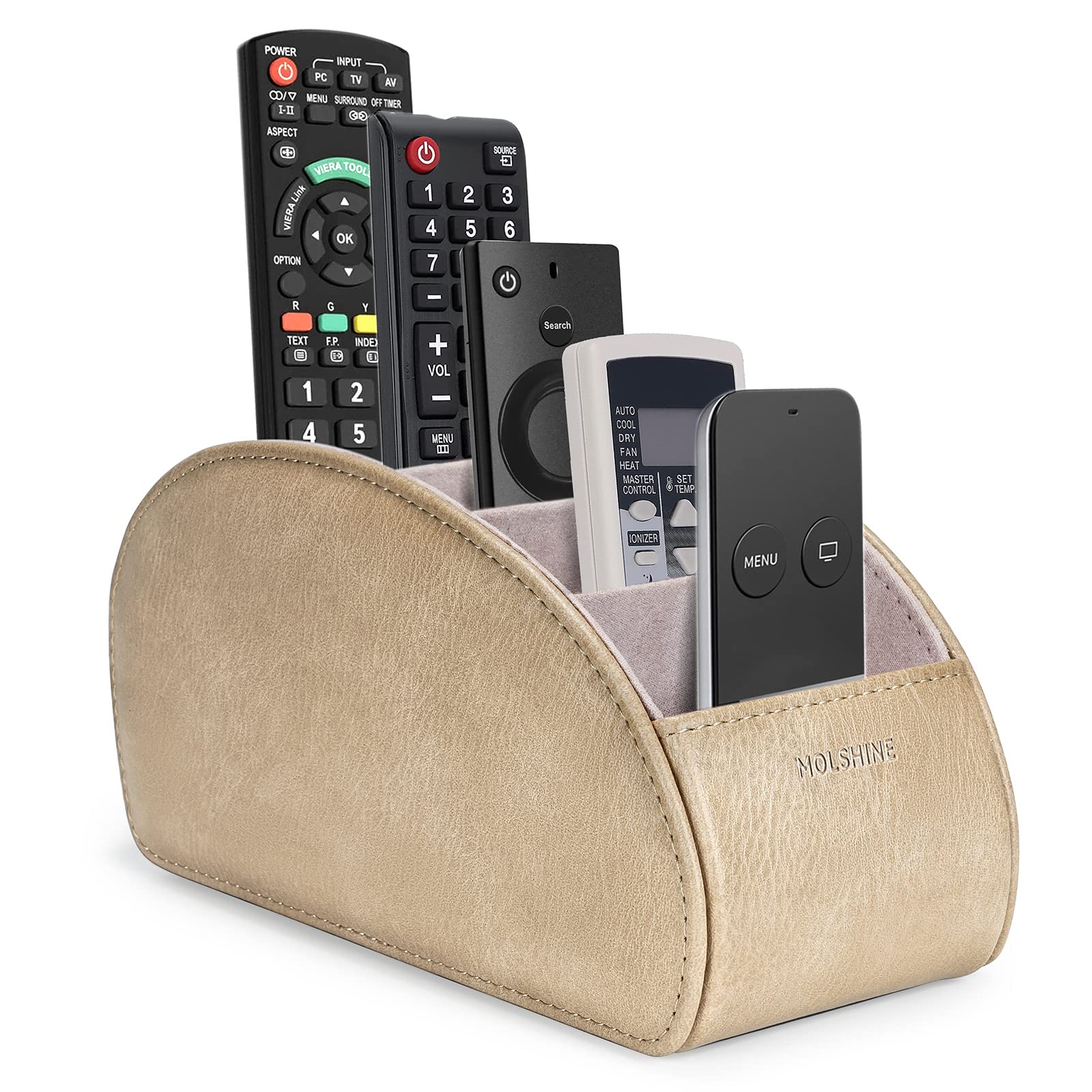 molshine Remote Control Holder with 5 Compartments,Pu Leather Office Organization Storage Caddy Box for Tv Remote,Heater Controllers,Media Player,Office Supplies,Makeup Brush (Beige Gray)