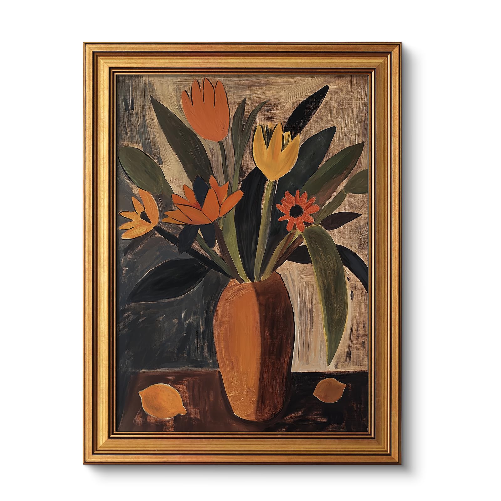 VIYYIEA Vintage Gold Framed Wall Art for Living Room, Flowers Canvas Prints Home Decor, Oil Painting Picture, Bedroom Wall Decor Gifts for Friends or Family -【Tulip and Lemon】-(16L x 12W)