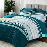 Dobuyly Teal Comforter Full Size Set 7 Pieces, Blue Boho Striped Bed in a Bag Full Size Soft Microfiber All Season Bedding Set with Comforter, Sheets, Pillowcases & Shams