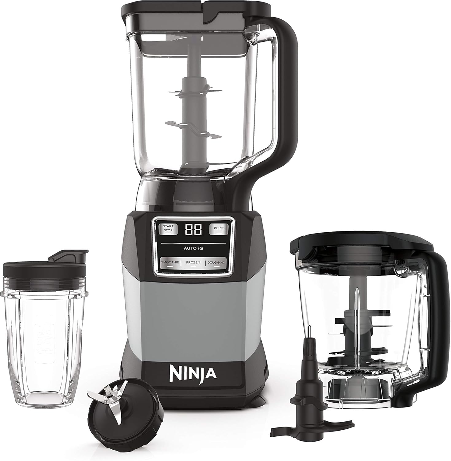 Ninja AMZ493BRN Compact Kitchen System with Auto-iQ, Blender Food Processor Combo, Blend, Chop, Mix Doughs, 1200 Watts, Dishwasher safe 18 oz. Cup, black/grey (Renewed)