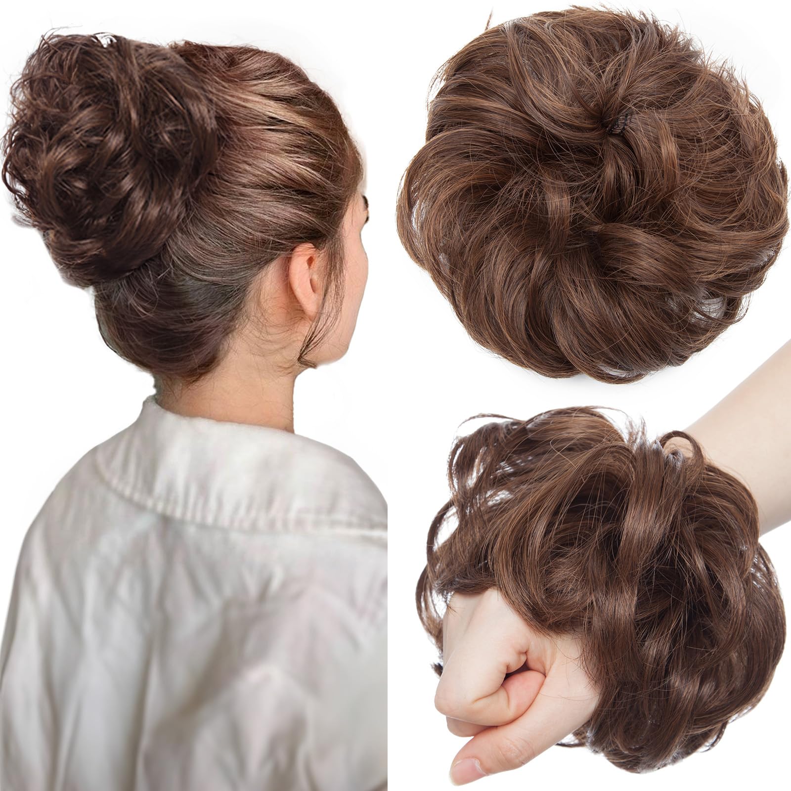 SEGOHAIR Messy Bun Hair Piece Fake Hair Bun Hair Scrunchies Bun - Lightweight 35g Synthetic Hair Bun Piece for Women, Dark Brown mix Light Auburn Curly Wavy Elastic updo Scrunchy Bun