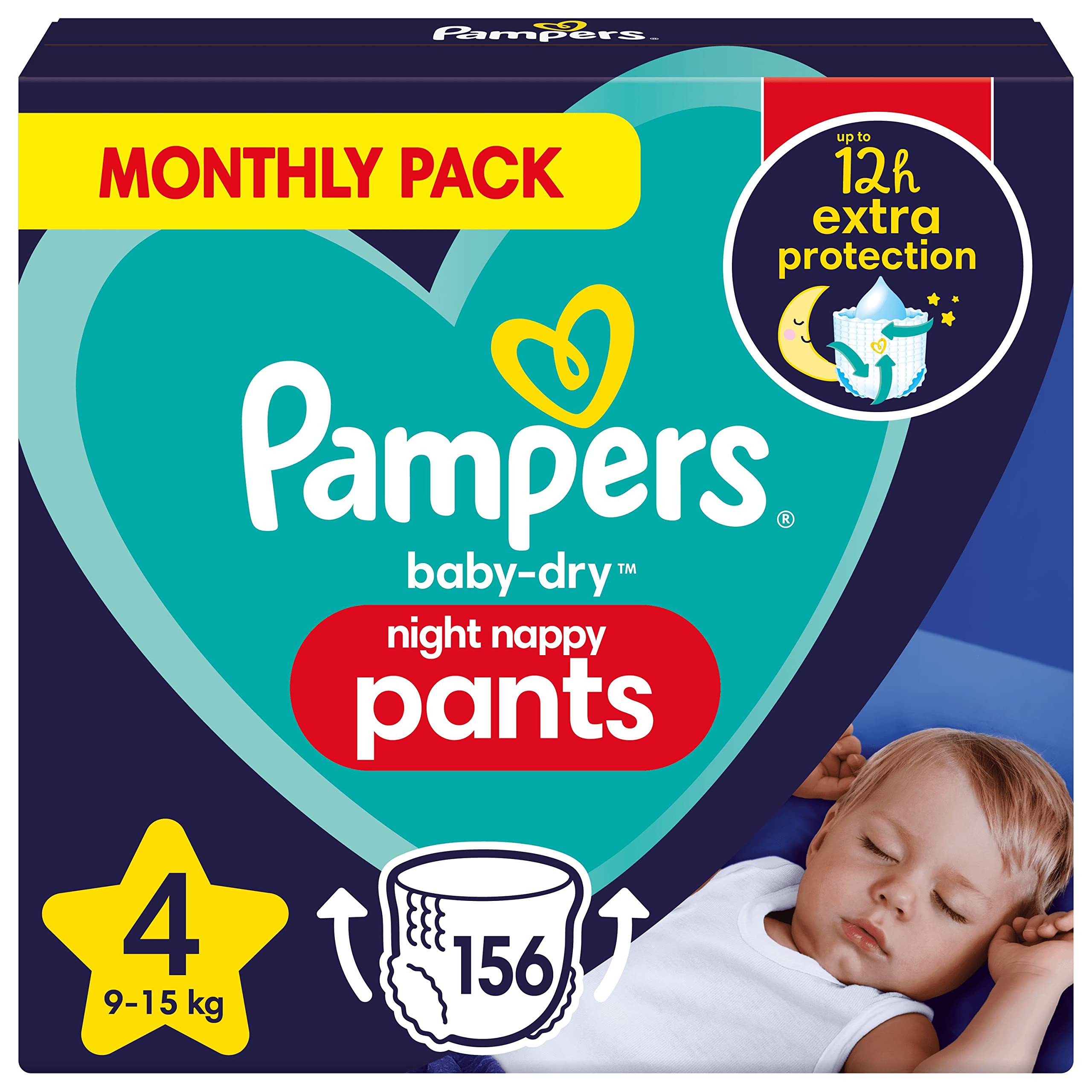 Pampers Nappy Pants Size 4 (9-15 kg / 20-33 lbs), Baby-Dry Night, 156 Nappies, Monthly Box, Extra Protection All Night Long, Pull Ups