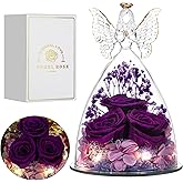Tiaronics Valentines Rose Gifts for Women Preserved Real Flower in Glass Angel Figurines Roses for Delivery Prime Birthday Gifts for Mom Grandma Girlfriend Wife Her, Full Purple
