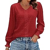 siliteelon Dressy Blouses for Women Long Sleeve Tops for Women V Neck Swiss Dot Business Casual 2026 Spring Holiday Shirts