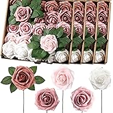 Luinabio 100 Pieces Artificial Foam Rose Flowers Faux Bouquet with Leaves and Stems for DIY Wedding Bouquets Centerpieces Bridal Shower Party Valentine Home Decorations(Shades of Dusty Rose)