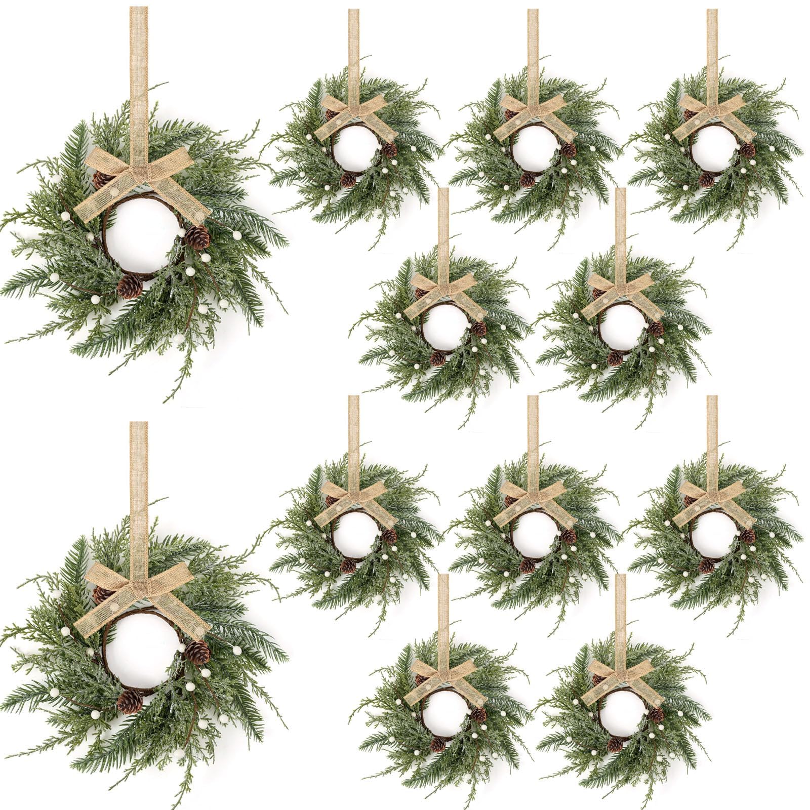 Photo 1 of 12 PCS Christmas Wreath Christmas Kitchen Cabinet Wreaths with Burlap Ribbon Mini Wreath Pine Garland Frosted Cedar Pine Cone Hanging Garlands Candle Rings for Front Door Window Chair Wall