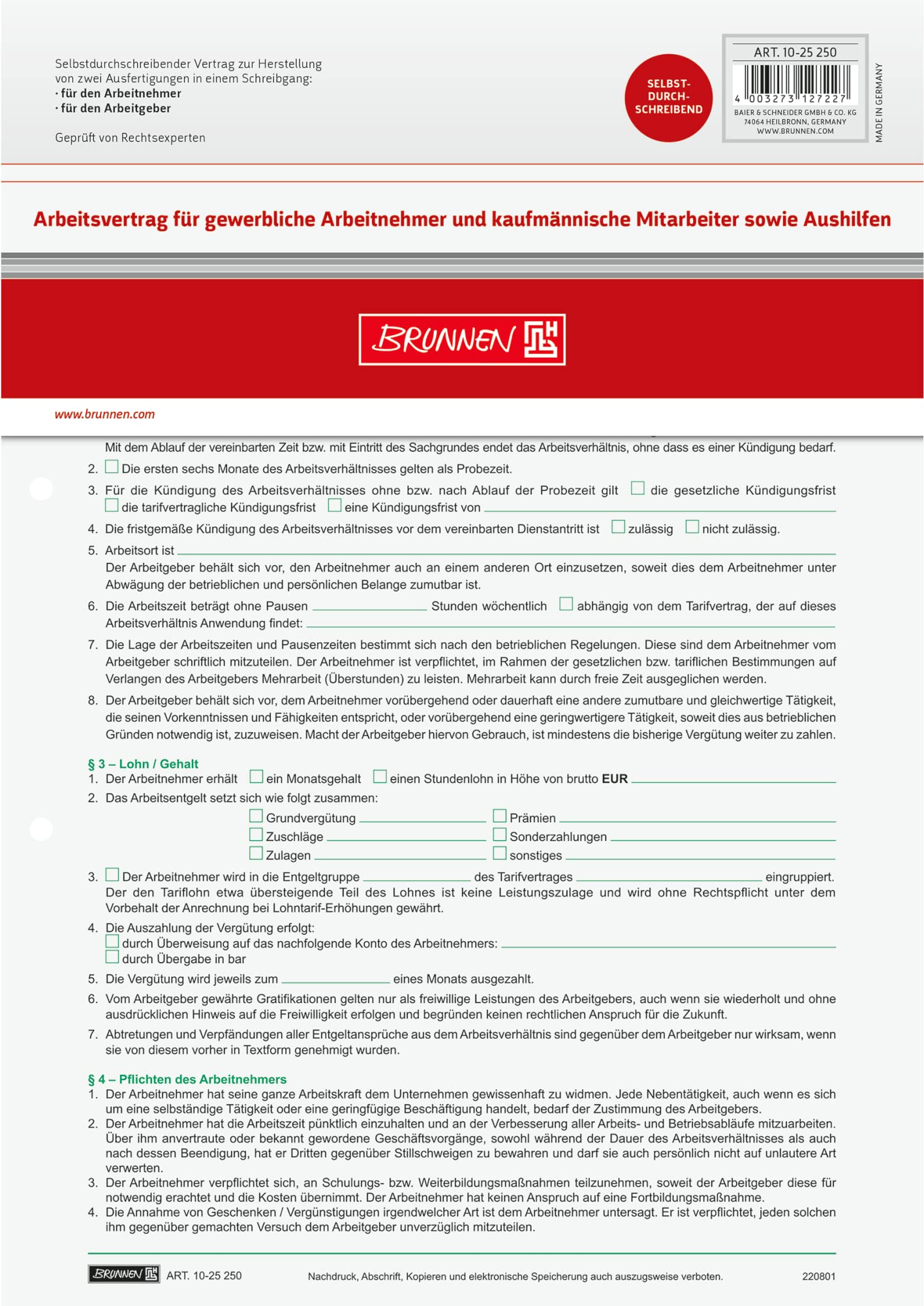 Baier & Schneider Contract Form Work Contract for Commercial Sector/Carbonless Copying/A4 2x2 Bla